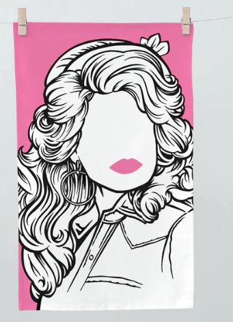 Stylized illustration of a woman with wavy hair and bold pink lips, set against a pink background. The face is blank, highlighting the hair and earrings. A 100% cotton fabric texture subtly integrates with the design, resembling an elegant Rock and Pop Icons Tea Towel Dolly Parton by Blue Dog Posters pinned at the top.
