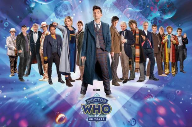 A group of various incarnations of the Doctor from the TV series "Doctor Who" stand together against a blue and purple background with bubble and galaxy effects. The "Doctor Who (60th Anniversary)" logo by MTV 079 is displayed at the bottom center.