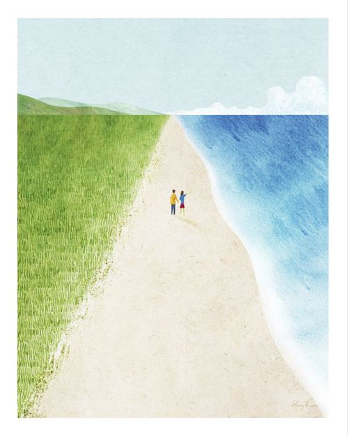 Wild Beach by Henry Rivers (GAL210P) features a minimal couple strolling a sandy shore with grass and blue waves, beneath a pale sky—an ideal Art Print for tranquil spaces.
