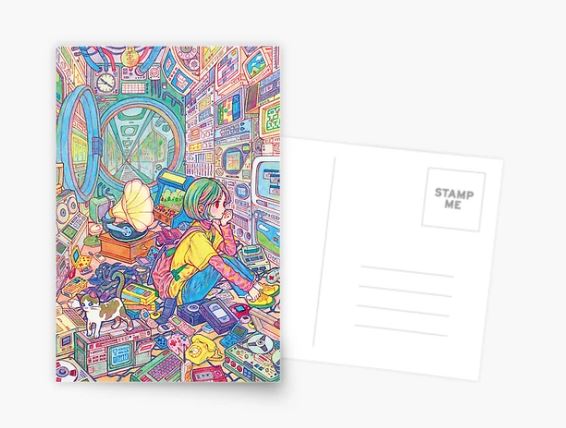 The Electronic Fantasy Postcard from Blue Dog Posters showcases an anime-style character engrossed in technology, surrounded by vibrant, futuristic gadgets and screens in a cluttered room. The seated character is accompanied by a cat and various retro devices scattered around. The back of the postcard has space for a stamp and address.