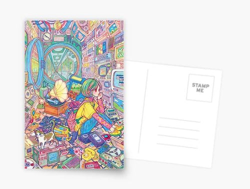 The Electronic Fantasy Postcard from Blue Dog Posters showcases an anime-style character engrossed in technology, surrounded by vibrant, futuristic gadgets and screens in a cluttered room. The seated character is accompanied by a cat and various retro devices scattered around. The back of the postcard has space for a stamp and address.