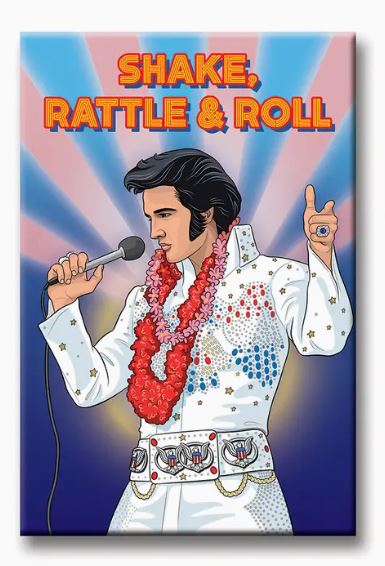 A captivating depiction of a performer wearing a bejeweled jumpsuit, accented with signature sideburns and holding a microphone. A vibrant red lei adorns their neck amidst radiant sunburst rays. Boldly headlined with "Shake, Rattle & Roll," this scene is ideal for the Elvis Shake Rattle and Roll Magnet by Blue Dog Posters, making it an exceptional souvenir to charm your house guests on the fridge.