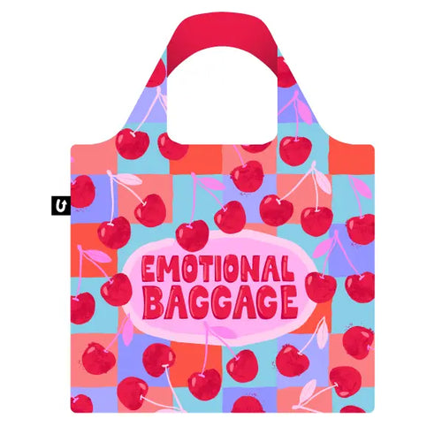 The Blue Dog Posters Emotional Baggage Foldable Tote Bag features a cherry pattern, bold “EMOTIONAL BAGGAGE” text, and blue, pink, and purple checkered squares—a stylish and sustainable choice for shopping.