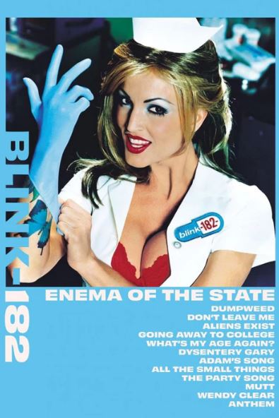 A woman dressed as a nurse in white with blue gloves poses on this MUS 335 Blink 182 Enema rock poster, featuring the album title and tracklist—ideal for any music collection.