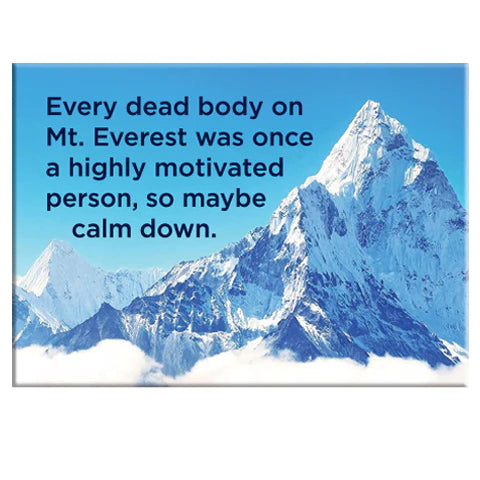 Snowy mountain peak and blue sky with overlaid text: "Every dead body on Mt. Everest was once a highly motivated person, so maybe calm down." Highly Motivated Person Magnet by Blue Dog Posters.
