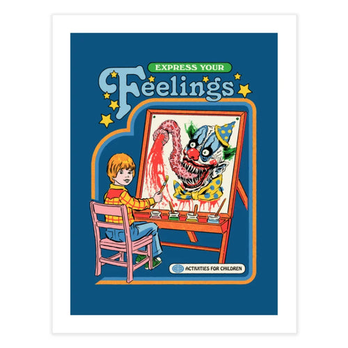A child paints a creepy, clown-like monster at an easel beneath "Express Your Feelings." Styled like a vintage kids’ activity book. Product: Express Your Feelings by Steven Rhodes, from Blue Dog Posters.