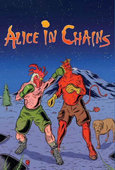 The "Alice in Chains Fight" illustrated poster by MUS 097 features two monstrous boxers under a starry sky, mountains, trees, and a brown dog—ideal for any music collection or large regular poster display.