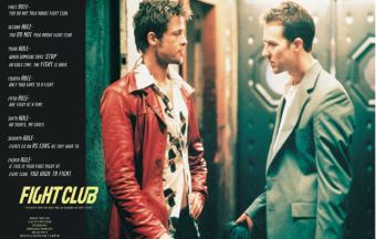 Two men face each other—one in a red leather jacket and sunglasses, the other in a suit. On the left are quotes, with "Fight Club - Rules of Fight Club" by MTV 054 in bold yellow at the bottom.