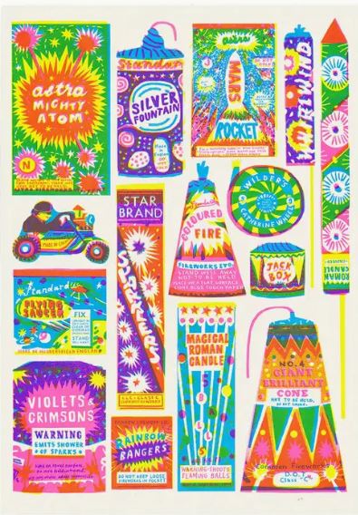 A vibrant and colorful display of vintage fireworks packaging is beautifully showcased in the Fireworks Riso Print by Printed Peanut, available from Blue Dog Posters. Each print is created using eco-friendly inks on recycled white card and features eye-catching designs with names like "Magic Fountain," "Jack Box," "Mighty Atom," and "Rainbow Bangers." The packaging is adorned with illustrations of rockets, stars, and explosions.