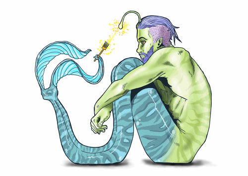 The Dinglhopper by Miles Illustrated from Blue Dog Posters features a green, humanoid creature with a blue striped serpentine body and bioluminescent antennae, sitting with knees up, facing a glowing fish with plant-like fins on a plain white background.