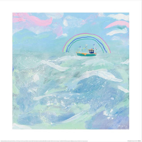 A small boat with flags sails on choppy sea waves under a vibrant rainbow while the pastel sky creates a dreamy atmosphere. Part of the Decor Series Collection, Mary Donald (Fishing Boat) by GAL221 is crafted on premium 200gsm Matte Art Paper with Mary's signature in the corner.