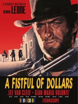 Discover this vintage A3 artwork from Blue Dog Posters, featuring "Fistful of Dollars." The poster depicts a rugged man in a hat holding a rifle, set against the Western town backdrop. With its bold yellow title and film credits, it's an eye-catching addition to any mini poster collection.