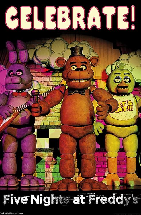 The image showcases three iconic animatronic characters from Five Nights At Freddy's: a guitar-wielding bunny, a bear sporting a bowtie and hat, and a yellow bird with a bib that reads "Let's Eat!" The background is adorned with vibrant lights and a stage, featuring the word "CELEBRATE!" at the top and "Five Nights at Freddy's" at the bottom. This premium 150gsm gloss paper gaming poster is brought to you by GAM 029.