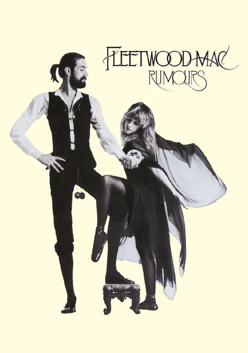 A black-and-white image of a man and woman features the woman wearing a flowing dress and posing with one leg on a small stool, while the man, dressed in a vest and pants, stands with one hand on his hip and the other holding her hand. "Fleetwood Mac - Rumours" is prominently displayed at the top of this MUS 106 rock poster.