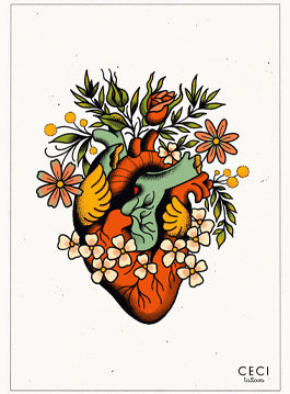 A stylized illustration of an anatomically correct human heart adorned with various flowers and green leaves. The heart is depicted in red and orange tones, while the flowers are in yellow, white, and orange hues. Perfect for art lovers, this piece is part of the "Little Art series" by CECI tattoos, noted in the bottom right corner. Available from Blue Dog Posters under the name "Heart by Ceci Tattoos A5.