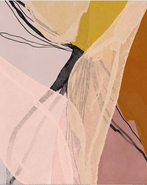 The Gemma Bardot by GAL248, from the Decor Series Collection, features abstract floral layers with flowing shapes in muted pink, beige, brown, and mustard tones. Interwoven black lines add contrast and depth for a sophisticated touch to any space.