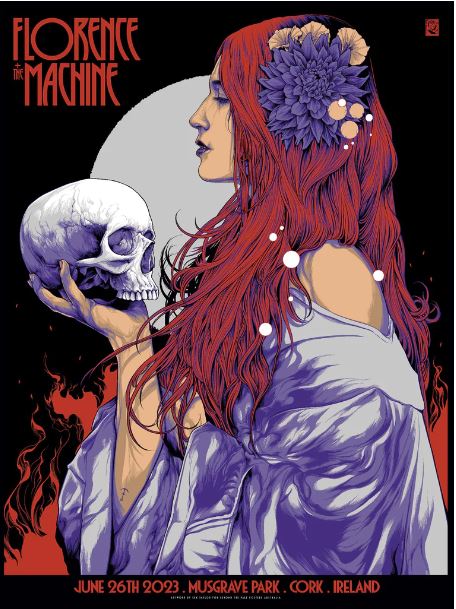 Limited edition Florence & the Machine Cork 2023 art poster by Blue Dog Posters, commemorating their concert at Musgrave Park in Cork, Ireland, on June 26th, 2023. This striking piece features a profile of a woman with long red hair holding a skull against a moonlit background, adorned with purple flowers in her hair and wearing a flowing robe. Part of the exclusive tour prints collection.