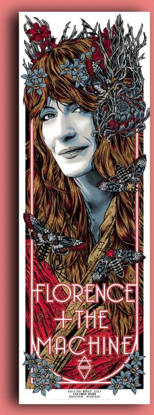 This Limited Edition Silk Screen Print from Blue Dog Posters, titled "Florence & the Machine Melbourne," showcases an illustrated poster of a woman with long red hair adorned with flowers and butterflies. She has a serene expression, and the piece features intricate details and a mystical theme, capturing the enchanting essence of Florence + The Machine through its design.