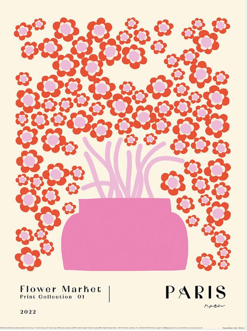 The NKTN (Flower Market - Paris) by GAL204 showcases a pink vase with abstract flowers in red, pink, and white on a light cream background. The text reads "Flower Market Print Collection 01, 2022, Paris." It is part of the Small Decor Series Art Prints.