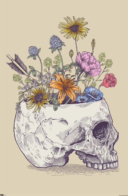 The "Rachel Caldwell - Flower Skull" art poster from ART 010 vividly captures a human skull bedecked with vibrant blooms, including daisies and lilies, intertwined with an arrow. The image pops against a beige background on premium gloss paper.
