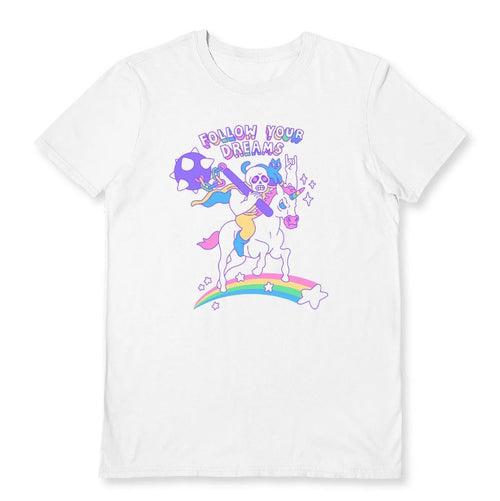 Unleash your inner dreamer with the "Follow Your Dreams White T-Shirt XL" by Blue Dog Posters. This white tee showcases a vibrant cartoon design of a skeleton wearing a cape, riding a unicorn over a rainbow adorned with stars. The playful font at the top reads "FOLLOW YOUR DREAMS," making it an inspiring addition to your wardrobe.