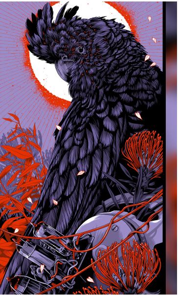 Product Name: Foo Fighters Sydney Dec 2023 Cockatoo
Brand Name: Blue Dog Posters
Illustrated image of a dark feathered cockatoo perched amidst red foliage and mechanical parts, with a bright, glowing circular background. The bird’s detailed feathers are predominantly black with hints of purple and blue. This limited edition silk screen print from Blue Dog Posters is reminiscent of an iconic tour poster for the Foo Fighters.