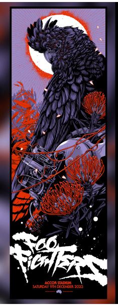 Introducing the Foo Fighters Sydney Dec 2023 Cockatoo poster by Blue Dog Posters: a Limited Edition Silk Screen Print concert poster featuring a stylized black bird perched on red and purple foliage. The design includes text reading "Foo Fighters" in white, and "Accor Stadium, Saturday 9th December 2023" in red. A glowing sun or moon behind the bird adds a dramatic touch to this standout tour poster.