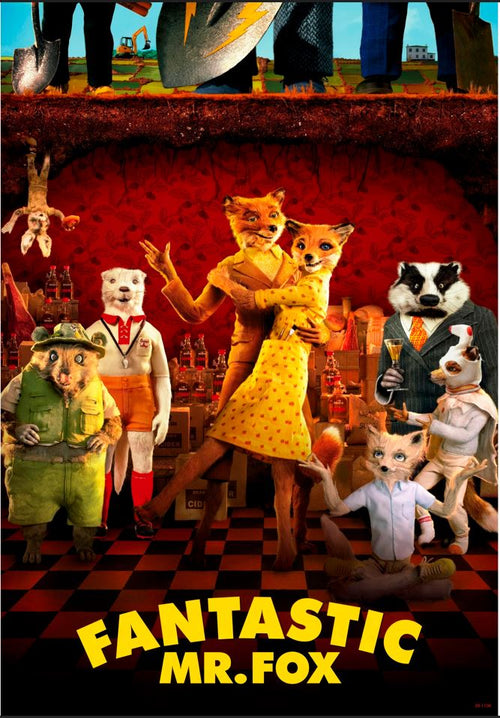 Anthropomorphic animals, including foxes, a badger, and a rabbit, wear stylish outfits. One fox in the center dons a yellow dress against a vibrant background. Text below reads "Fantastic Mr Fox" by A3 266.