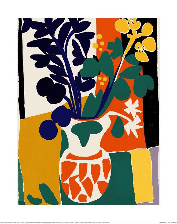 The Treechild (France Impressions) by GAL252 is a Still Life Floral Art Print featuring a white vase with abstract patterns and stylized blue, green, and yellow flowers against a vibrant orange, yellow, black, and white background. It's part of the Decor Series on 200gsm matte art paper.