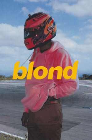 A person stands on a road, wearing the MUS 062 Frank Ocean Blond - HELMET and a pink hoodie. In the background, there's a cloudy sky and open terrain. Like a hip hop poster, the word "blond" is prominently written in yellow across the middle of the image.