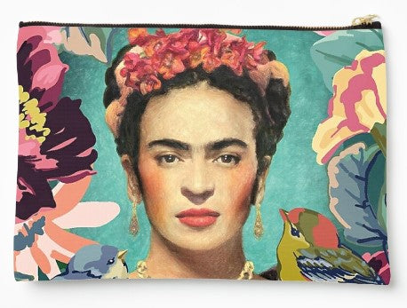The Frida and Birds Zipper Pouch Large from Blue Dog Posters features a vibrant illustration of a woman adorned with flowers in her hair, surrounded by lively floral designs and two birds. The teal background adds a striking contrast to the bright pinks, yellows, and greens of the flowers and birds.