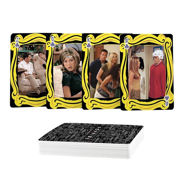 Friends Cast Playing Cards by Blue Dog Posters: four cards featuring iconic moments and characters from the TV show "Friends," each card with a yellow frame and a stack shown in front.
