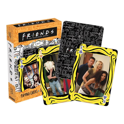 Blue Dog Posters' Friends Cast Playing Cards set shown alongside three cards featuring iconic TV scenes: Monica and Rachel together, Ross with a turkey on his head, and Ross, Monica, and Chandler.