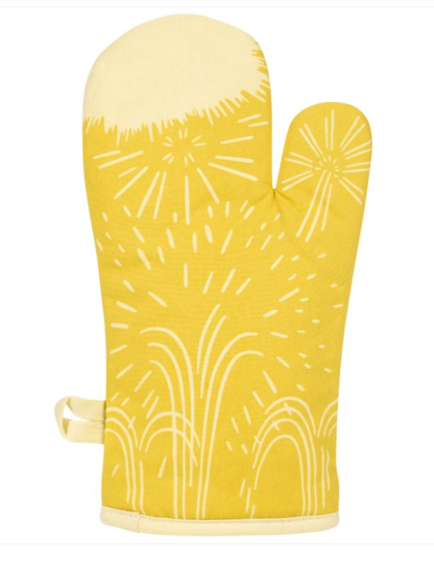 A super-insulated yellow oven mitt from Blue Dog Posters, named "Oven Mitt - I Will Fry Anything," featuring white abstract sunburst and firework patterns. The mitt includes a convenient loop for hanging.