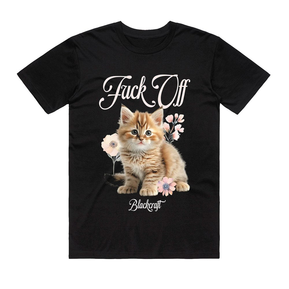 Show your cat attitude with the Blue Dog Posters "Fuck Off Cat T-Shirt Black MED," featuring a cute orange kitten among pink flowers, elegant script, and “Blackcraft” below—the perfect tee for personal space lovers.