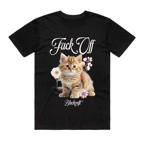 Show your cat attitude with the Blue Dog Posters "Fuck Off Cat T-Shirt Black MED," featuring a cute orange kitten among pink flowers, elegant script, and “Blackcraft” below—the perfect tee for personal space lovers.