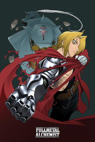 A resolute character with a metal arm and blond hair stands assertively with a red cape, alongside a large armored figure in the backdrop. Debris hovers around them. The text "Fullmetal Alchemist Fist" by MTV 287 is displayed at the bottom.