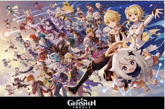 The artwork showcases a vibrant array of characters from the video game Genshin Impact by GAM 016, featuring an assortment of characters in diverse poses. The image prominently displays the Genshin Impact logo at the bottom.
