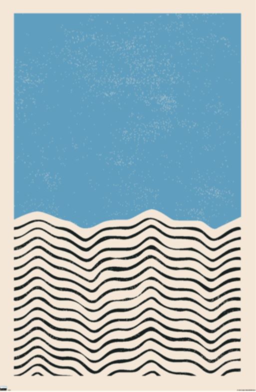 Experience the abstract allure of Geometric Art Blue by ART 013. This minimalist art poster features a solid blue section with a grainy texture in the top half, reminiscent of the sky. The bottom half showcases wavy black lines on a beige background, evoking rolling hills or waves—printed on premium gloss paper for an elegant finish.