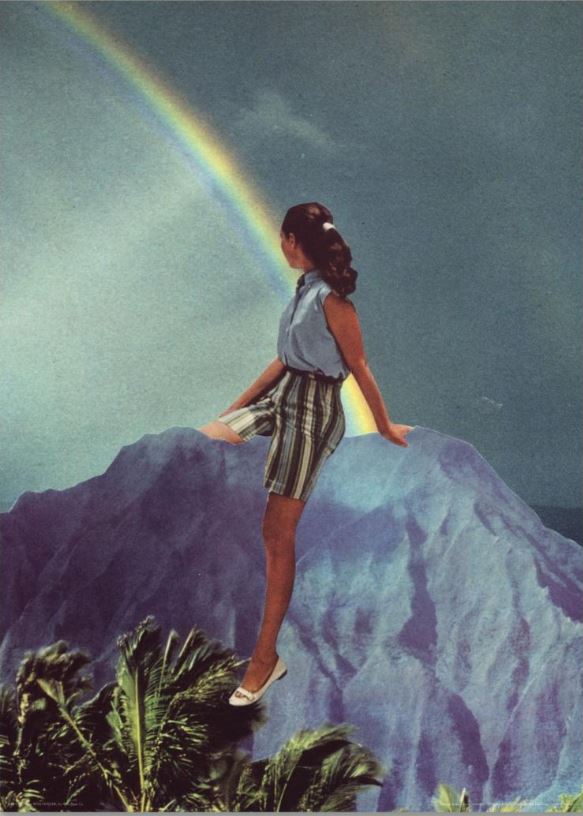A surreal collage from Blue Dog Posters, titled "Get Over it - Poster Wrap" by Beth Hoeckel, showcases a woman standing on a large purple mountain peak with a rainbow arcing through the sky. Wearing a blue top and striped shorts, she gazes into the distance with her hand resting on the rainbow. The vibrant scene, ideal for a Poster Wrap, includes green foliage at the bottom.