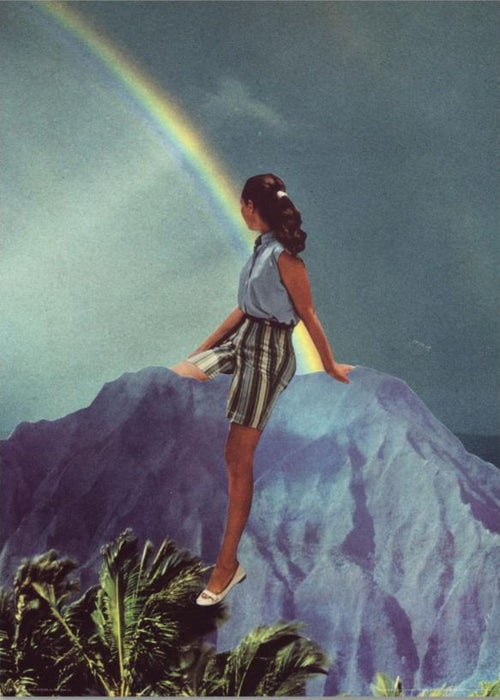 A surreal collage from Blue Dog Posters, titled "Get Over it - Poster Wrap" by Beth Hoeckel, showcases a woman standing on a large purple mountain peak with a rainbow arcing through the sky. Wearing a blue top and striped shorts, she gazes into the distance with her hand resting on the rainbow. The vibrant scene, ideal for a Poster Wrap, includes green foliage at the bottom.