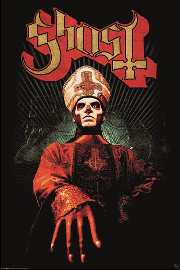 Illustration of a person in a theatrical outfit with face paint, wearing a mitre reminiscent of religious attire. The word "Ghost - Papa" is prominently displayed above in stylized letters. Branded as MTV 082, the image conveys a dark and dramatic ambiance.