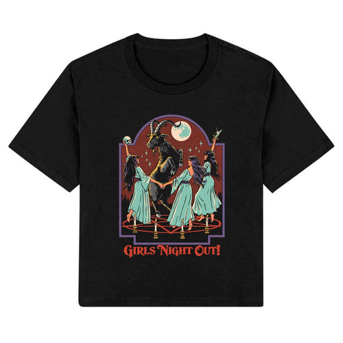 The Girls Night Out Crop T-Shirt Black XL by Blue Dog Posters features four women in light blue dresses summoning spirits with a goat-headed figure under a full moon and "Girls Night Out!" in red text. Ideal for brunch or moonlit adventures.