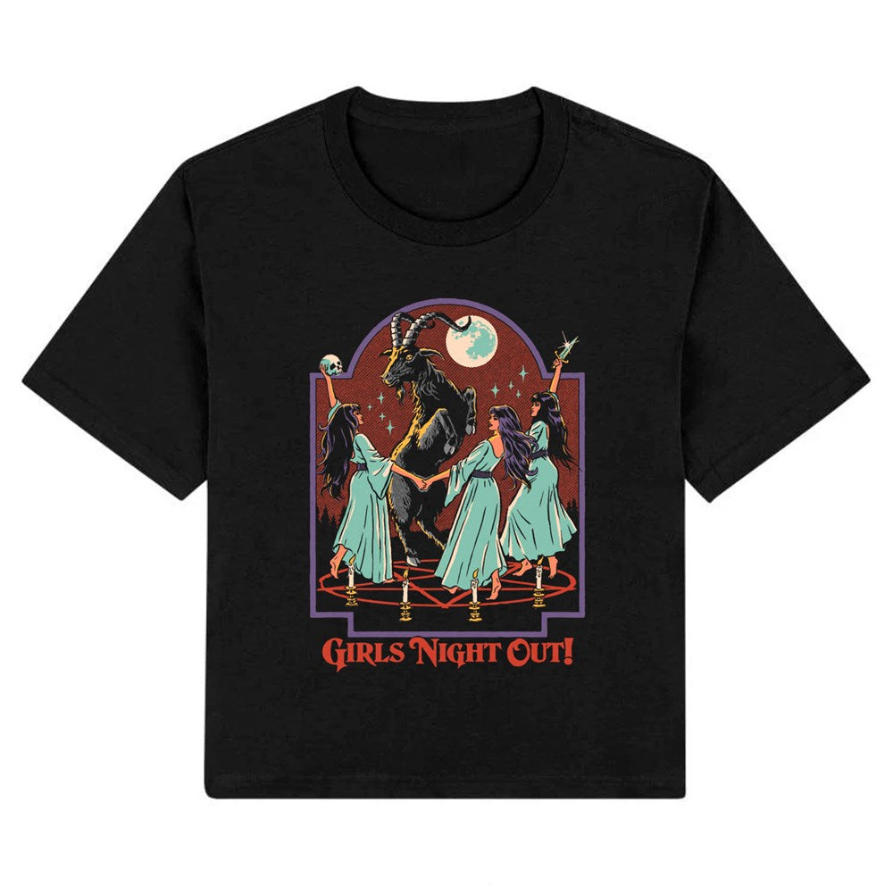 The Blue Dog Posters Girls Night Out Crop T-Shirt in black (LGE) features three women in light blue dresses dancing around a goat-headed figure under a full moon, with bold red “GIRLS NIGHT OUT!” text below for vintage coven vibes.