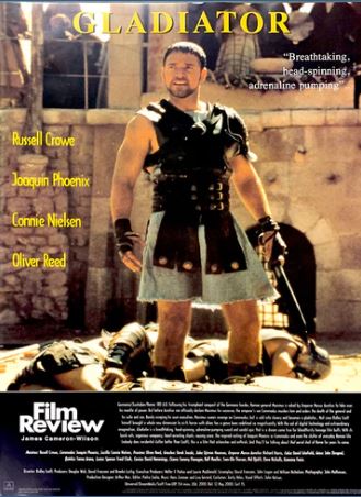 MTV 101 Gladiator movie poster shows a man in Roman armor standing over a fallen opponent, with stars Russell Crowe, Joaquin Phoenix, Connie Nielsen, and Oliver Reed listed on the left.