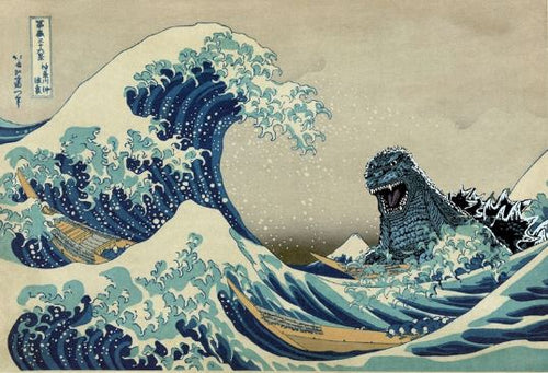 A large, dinosaur-like creature emerges from ocean waves in "Godzilla vs the Great Wave" by ART 069. The creature towers over the turbulent sea as boats are tossed about.
