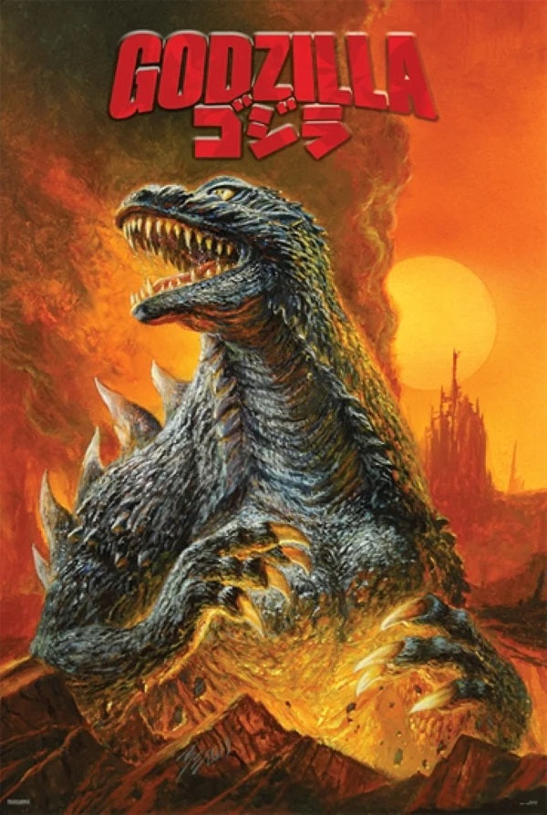A poster titled "Godzilla Rise Up" by MTV 003 features the legendary monster roaring against a fiery backdrop. Godzilla stands majestically on a rugged terrain, accentuating its distinctive spiky back and claws. The title "Godzilla" is prominently displayed in bold red letters at the top of the image.