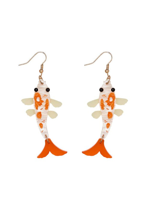 A pair of dazzling Goldfish Earrings designed to look like koi fish by Blue Dog Posters. The fish feature white bodies with orange spots, black eyes, translucent fins, and orange tails. Skillfully laser cut and hanging from elegant gold hooks, they capture aquatic beauty in stunning detail.