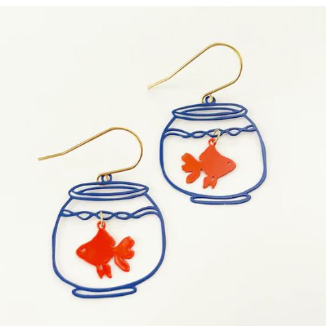 Blue Dog Posters' Mini Goldfish Bowl Dangle Denz Earrings feature fishbowl-shaped designs with blue outlines, each showcasing a dangling orange fish inside and gold-colored hooks.