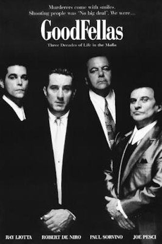 Black-and-white "Goodfellas Murderers" poster by MTV, featuring four suited men—Ray Liotta, Robert De Niro, Paul Sorvino, and Joe Pesci. Printed on premium 150gsm gloss paper; perfect for Movies & TV collectors.